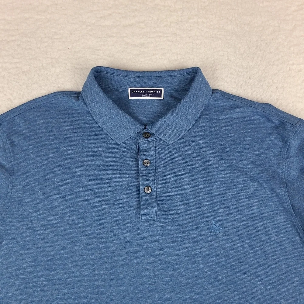 Charles Tyrwhitt Polo Shirt Mens XL Blue Solid Cotton Blend Short Sleeve